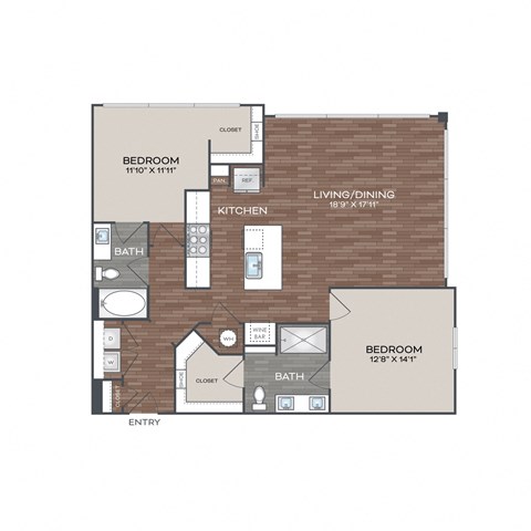 Floor plan for 2 beds, 2 baths, 1243 sqft